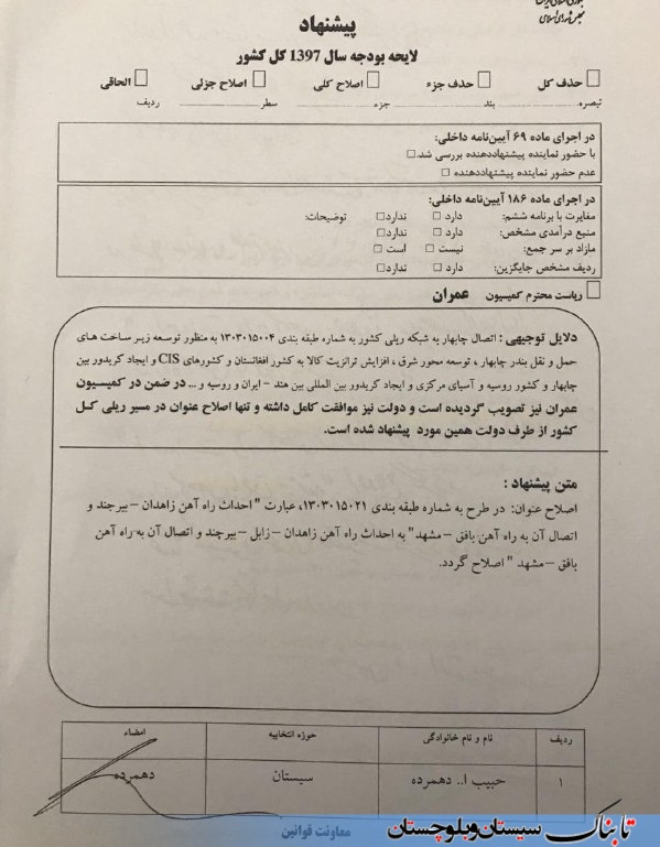 اصلاح مصوبه احداث خط آهن زاهدان- بیرجند و افزودن عبارت زابل به آن