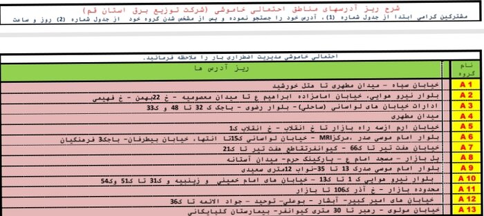 جدول خاموشی‌ قم در ۴ شهریورماه