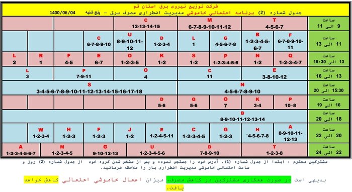 جدول خاموشی‌ قم در ۴ شهریورماه