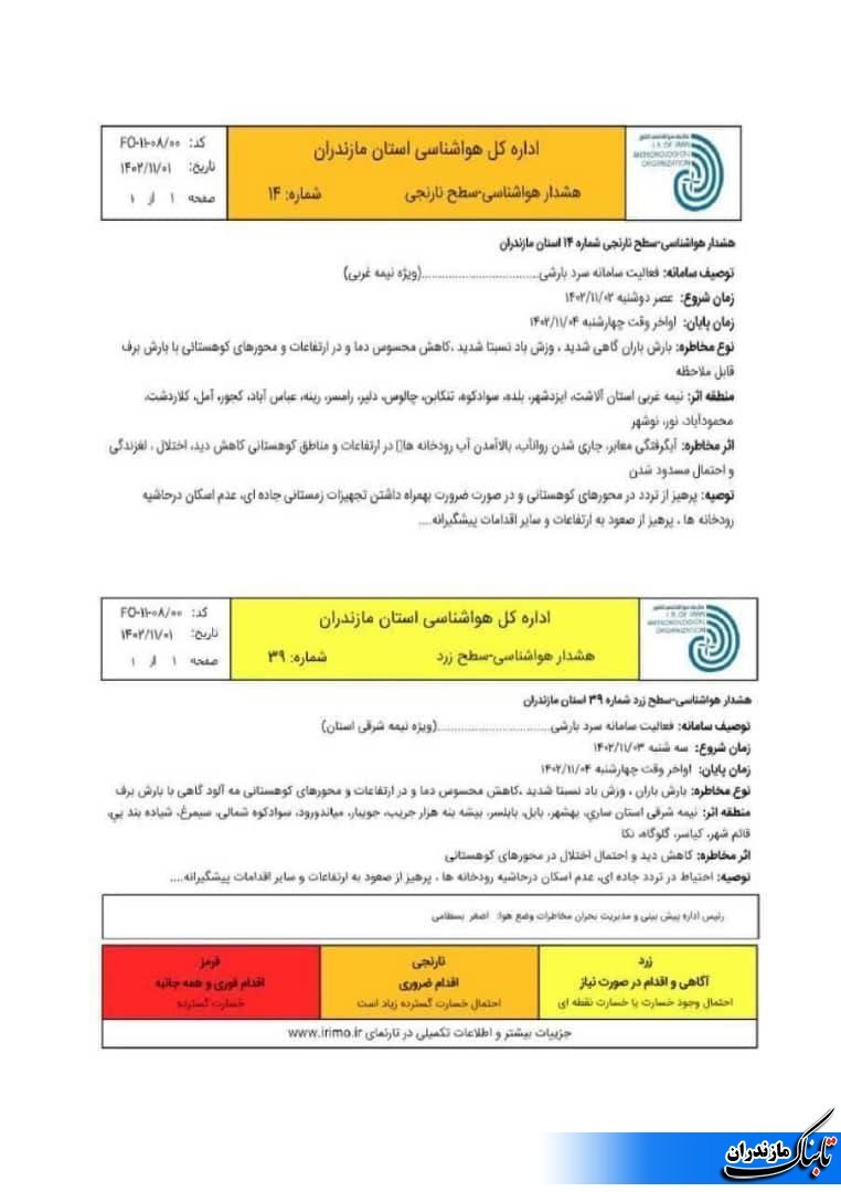 هشدار سطح نارنجی هواشناسی مازندران