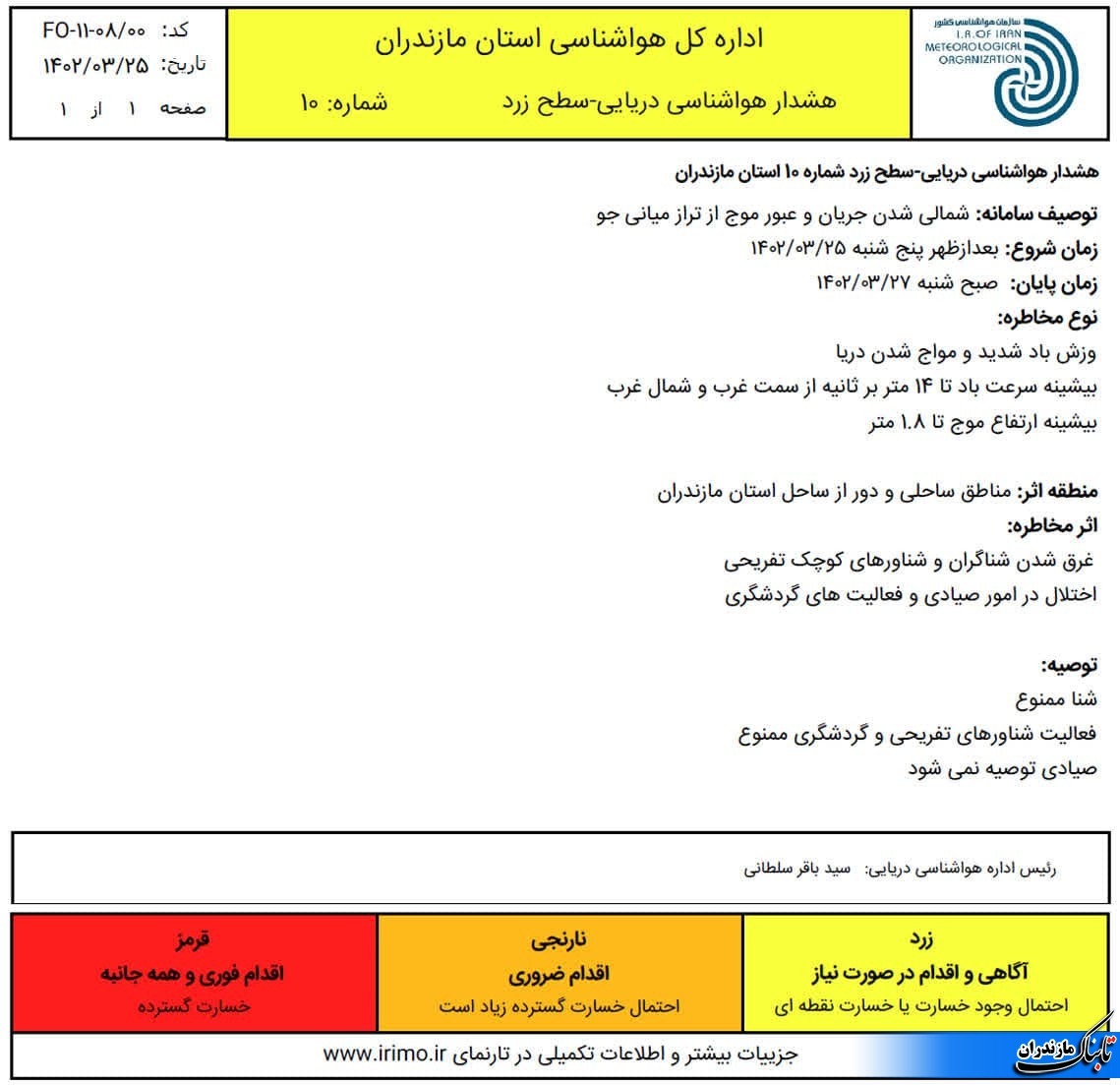 صدور هشدار هواشناسی دریایی سطح زرد در مازندران